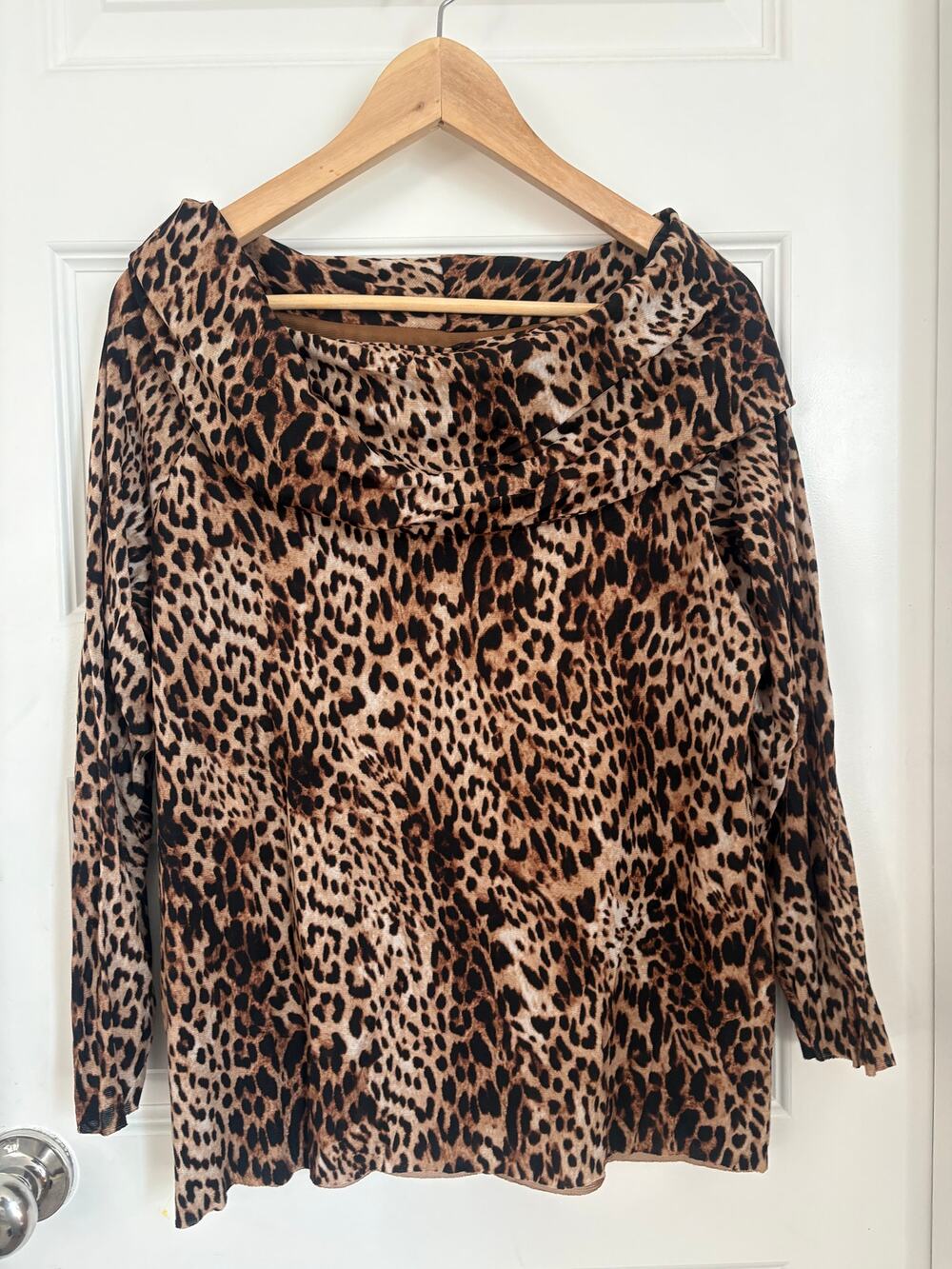 Chico’s Size 2 Leopard Animal Print Cowl Neck Long Sleeve Top Brown Black
